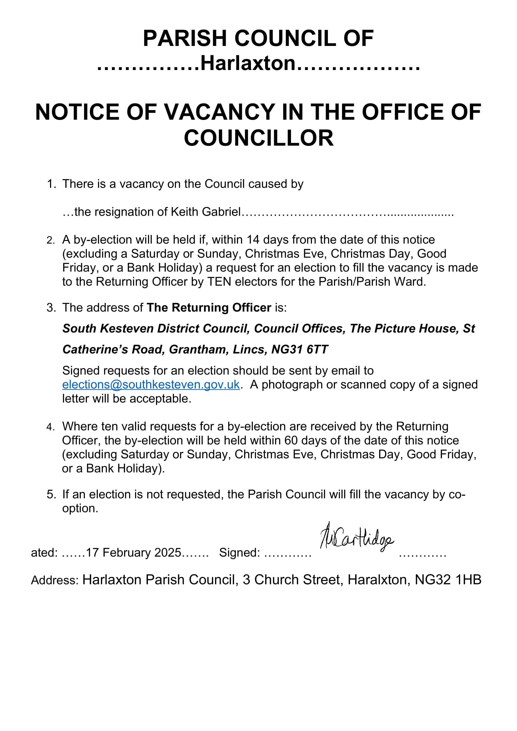 Parish council vacancy notice resignation of kg on 20250217 1